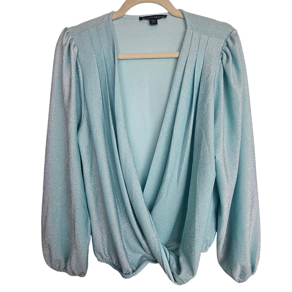 Boston Proper Womens Glitter Surplice Top Size M Sparkle Puff Sleeve Career Corp